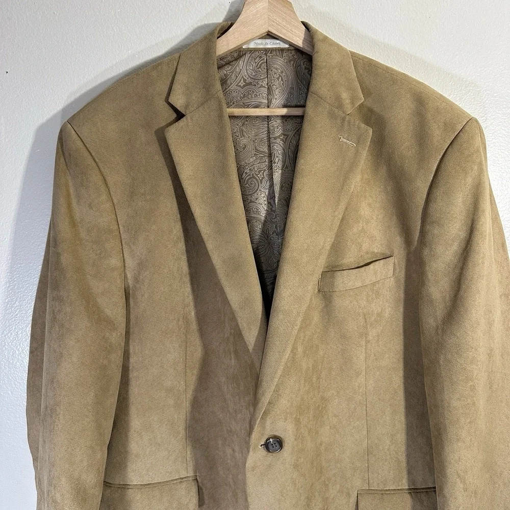 Chaps Men's 46R Sport Coat Tan Paisley Lined Blazer Faux‎ Suede 70s Retro